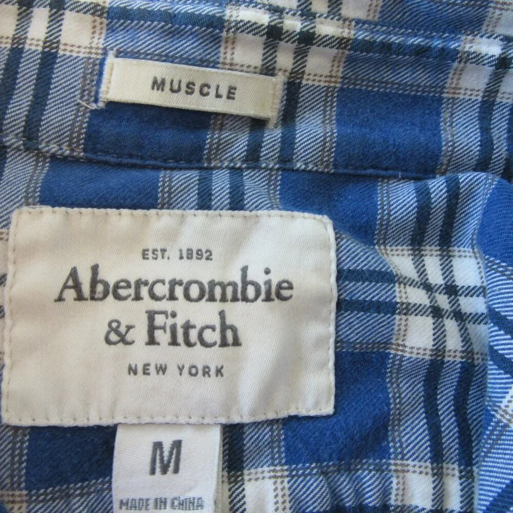 Abercrombie & Fitch Muscle Blue Plaid Flannel M Button Casual Shirt - Picture 4 of 4